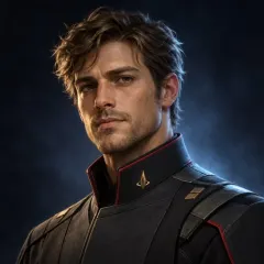 Cole Harlan, a weathered human officer in a dark graphite uniform.