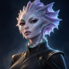 Liuna Tal, a Nauri with translucent skin, head fins, glowing dots and a mist breathing collar.