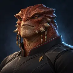 Varka Thune, a massive scaled Tarrok with a bony brow shield and jaw horns.
