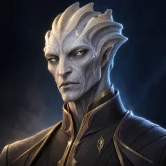 Marshal Ithren Vael, a Veyari with pale ash-blue skin, a crest of bone ridges and silver eyes.