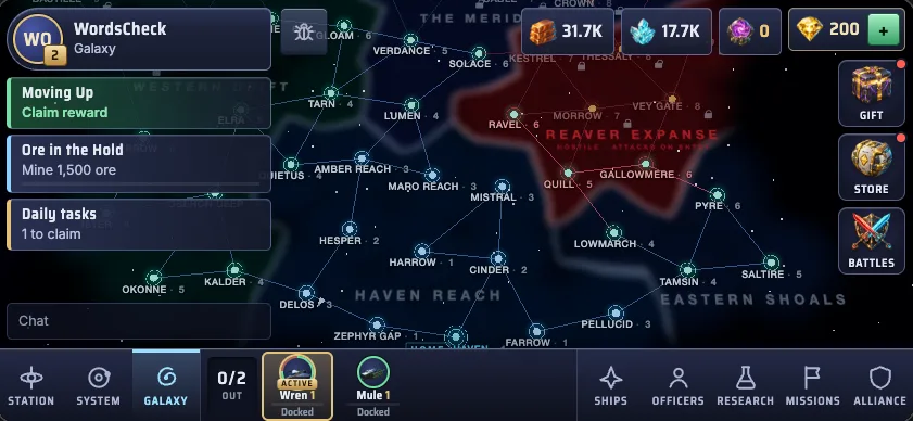 The galaxy map: systems joined by warp lanes across Haven Reach, the Eastern Shoals and the Western Drift, with the Reaver Expanse marked in red as hostile.