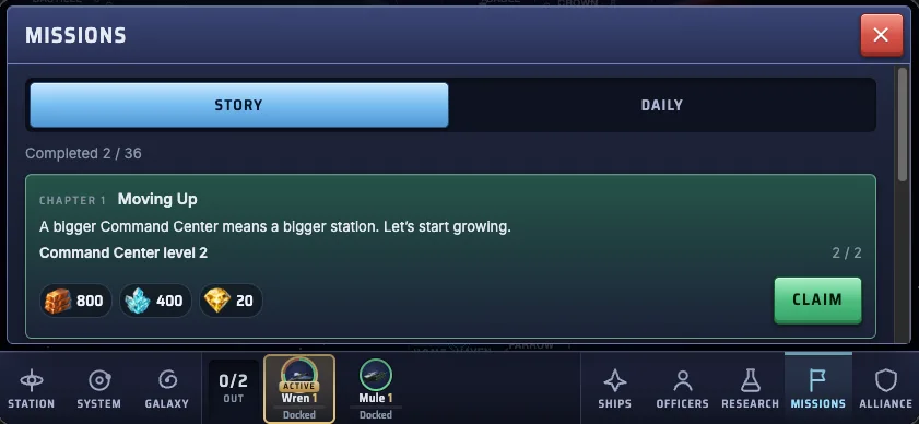 The Missions page, Story tab: Chapter 1, Moving Up. A bigger Command Center means a bigger station. Rewards of 800 Alloy, 400 Crystal and 20 Aether, and a green Claim button.