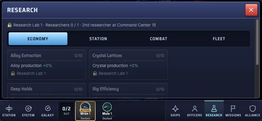 The Research page with tabs for Economy, Station, Combat and Fleet. Economy shows Alloy Extraction, Crystal Lattices, Deep Holds and Rig Efficiency, each at 0 of 10.