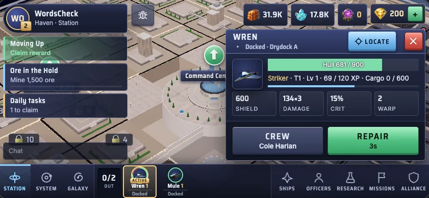 The Wren's ship card: hull 681 of 900, Striker, tier 1, level 1, with shield 600, damage 134 times 3, crit 15 percent and warp 2. Cole Harlan is in the crew, and a green Repair button shows 3 seconds.